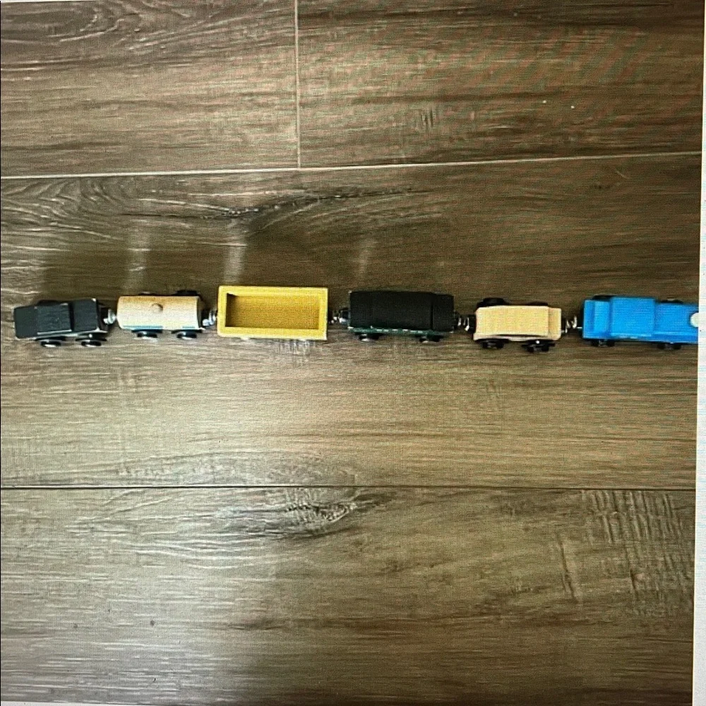 6 Small Wooden Train Cars and 19 pcs of track